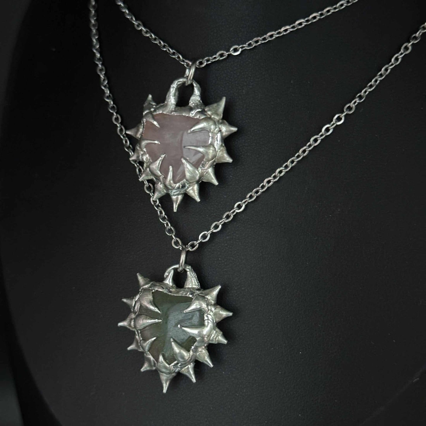 Rose Quartz & Jade Spike Hearts - Necklace