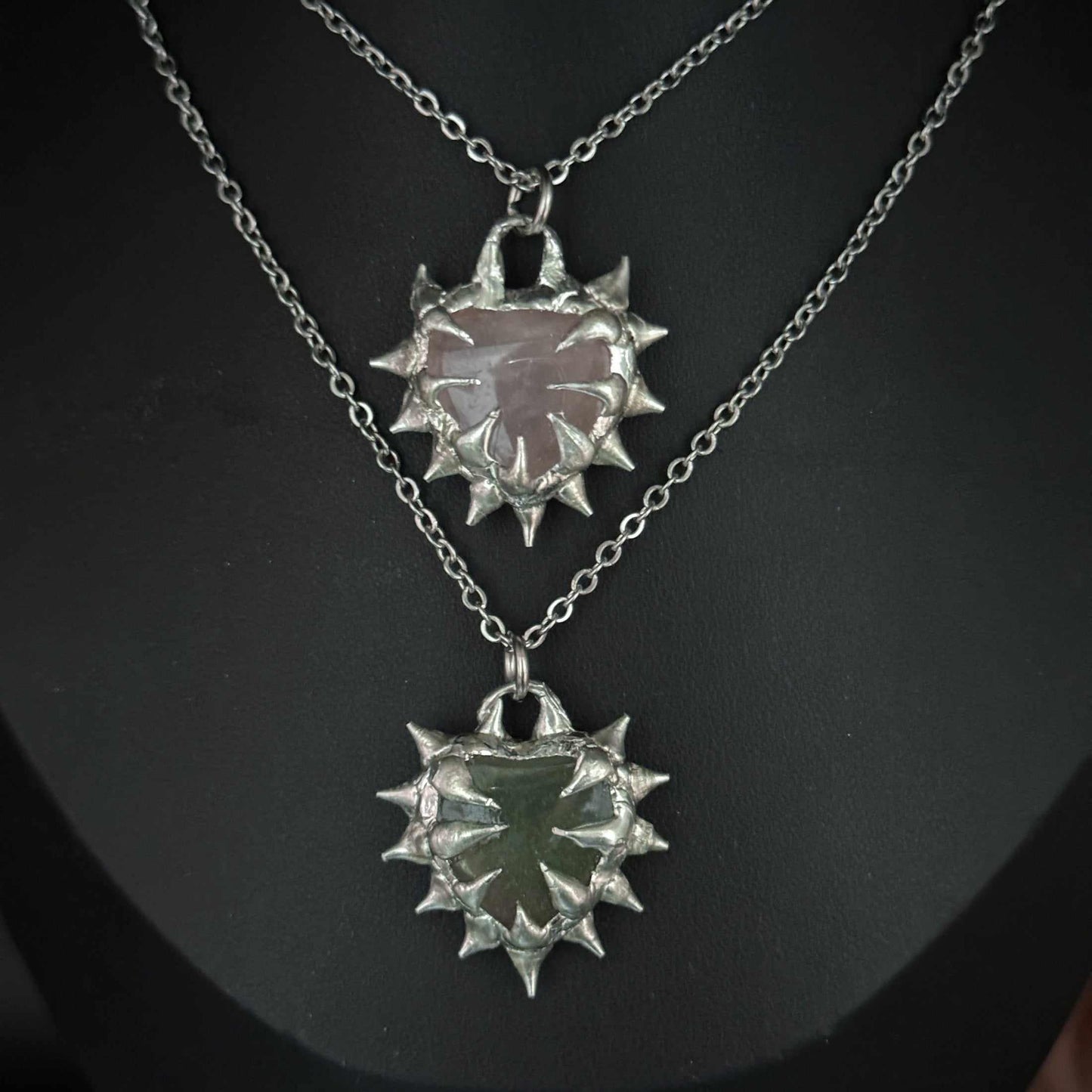 Rose Quartz & Jade Spike Hearts - Necklace