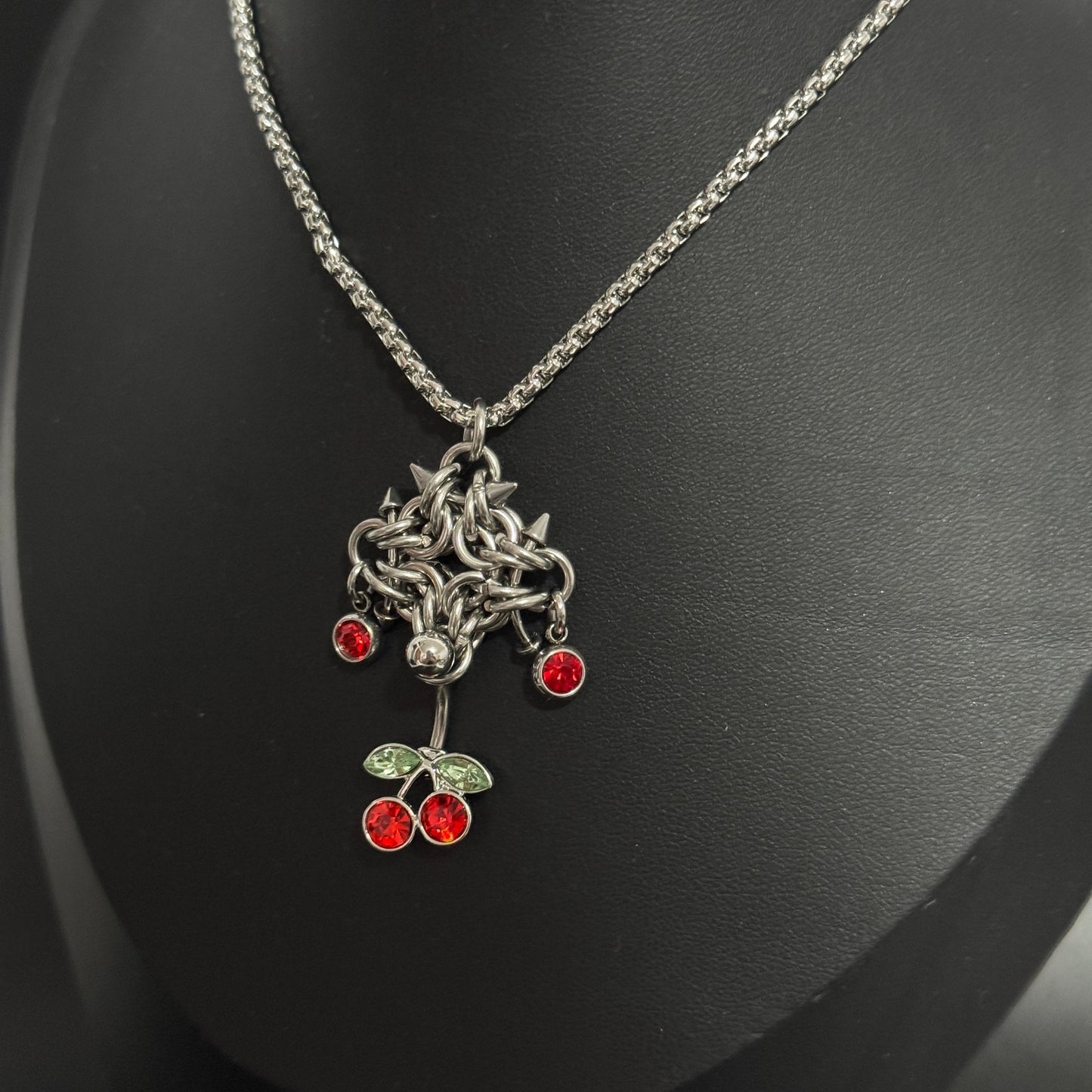 Photo of handmade cherry Y2K charm necklace, alternative silver Gothic