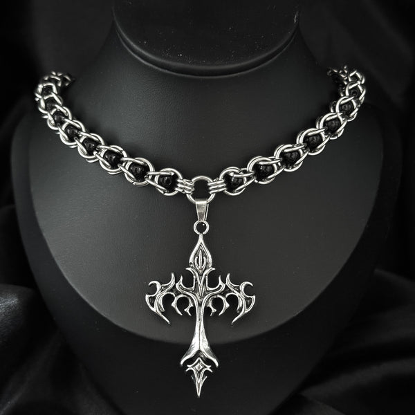 Inferno necklace flamed cross pendant and chainmail in stainless steel on mannequin