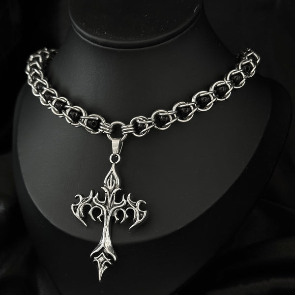 Inferno necklace flamed cross pendant and chainmail in stainless steel on mannequin