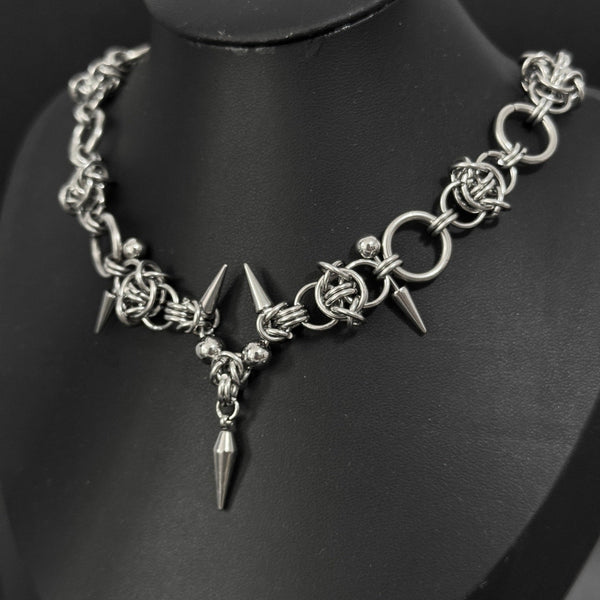 side photo of handmade chainmaille gothic necklace on mannequin 