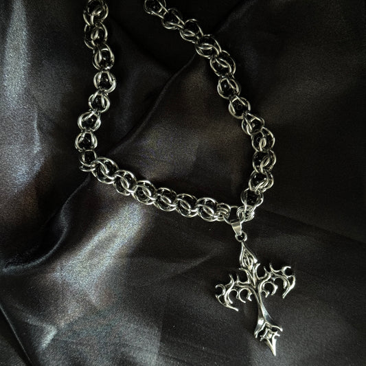 Lay flat of inferno necklace flamed cross pendant and chainmail in stainless steel 