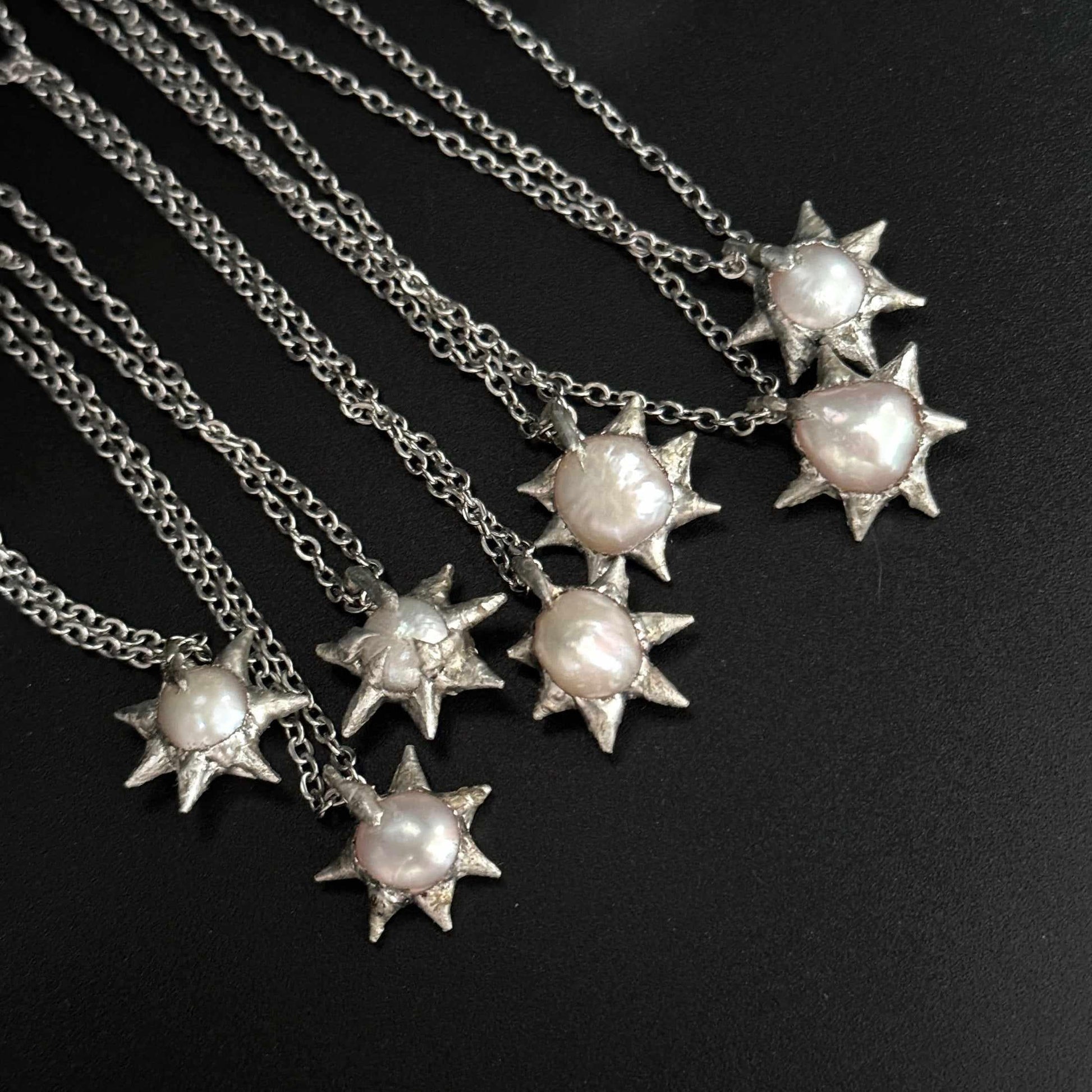 handmade soft solder freshwater pearl necklace molten metal 