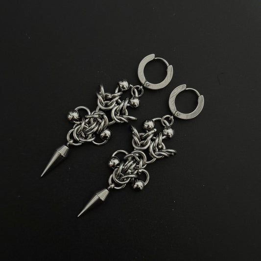 Solstice Chainmail Earrings: handmade stainless steel drop earrings with gothic-inspired details.